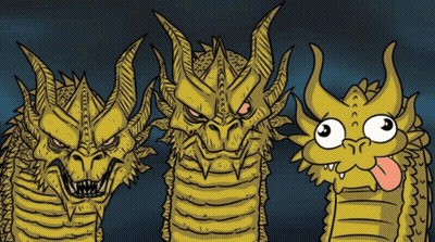 A Cartoon Drawing Of Three Dragons With One Sticking Out Its Tongue GIF
