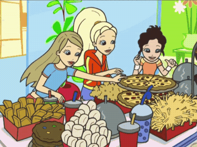 A Cartoon Drawing Of Three Girls Standing Around A Table With Food GIF