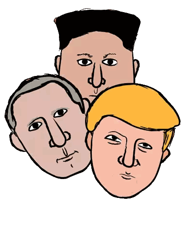 A Cartoon Drawing Of Three Men 'S Faces Including Donald Trump Sticker