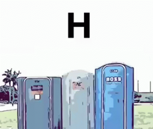 A Cartoon Drawing Of Three Portable Toilets With The Letter H On Top GIF