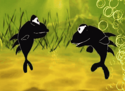 A Cartoon Drawing Of Two Black Fish Swimming In The Water GIF
