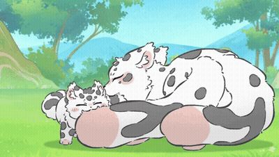 A Cartoon Drawing Of Two Cats Laying On Top Of Each Other In A Field GIF