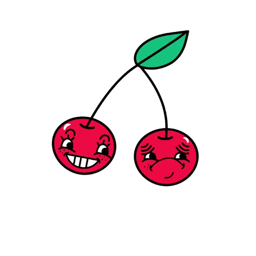 A Cartoon Drawing Of Two Cherries With A Green Leaf Sticker