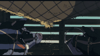A Cartoon Drawing Of Two Cows In A Pen GIF