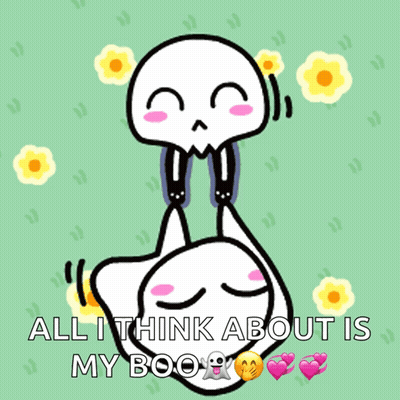 A Cartoon Drawing Of Two Ghosts Kissing With The Words All I Think About Is My Boo GIF