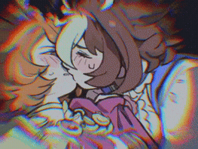A Cartoon Drawing Of Two Girls Kissing With A Glitch Effect GIF