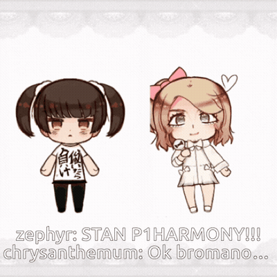 A Cartoon Drawing Of Two Girls With The Words Zephyr Stan P1harmony Chrysanthemum Ok Bromano GIF