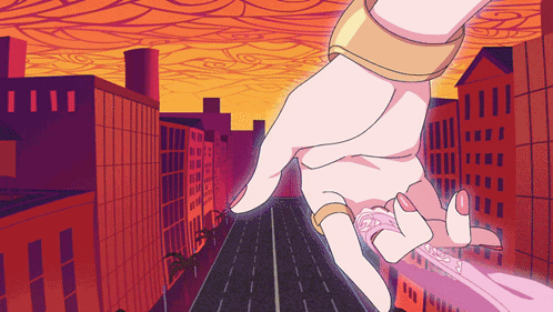 A Cartoon Drawing Of Two Hands Holding Each Other Over A City Street GIF