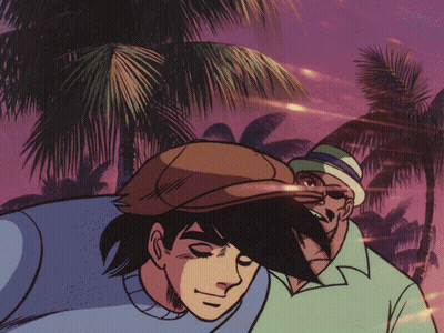 A Cartoon Drawing Of Two Men In Front Of Palm Trees GIF