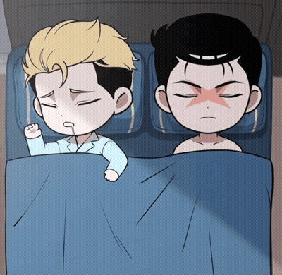 A Cartoon Drawing Of Two Men Laying In Bed GIF