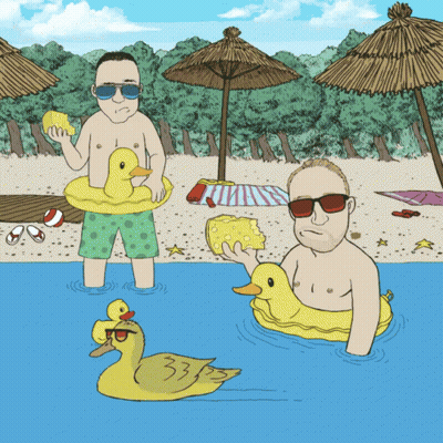 A Cartoon Drawing Of Two Men On A Beach With A Rubber Duck With The Number 335 On It GIF
