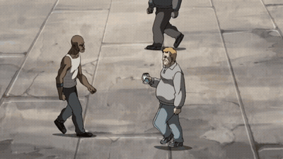 A Cartoon Drawing Of Two Men Standing Next To Each Other With One Holding A Cup GIF