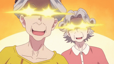 A Cartoon Drawing Of Two Older Women With Glowing Eyes GIF