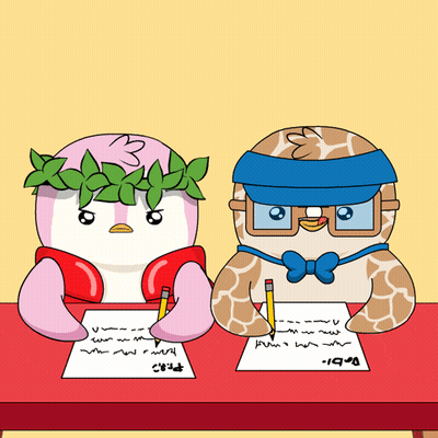 A Cartoon Drawing Of Two Penguins Sitting At A Table Writing On A Piece Of Paper With The Numbers 19 And 4 On It GIF