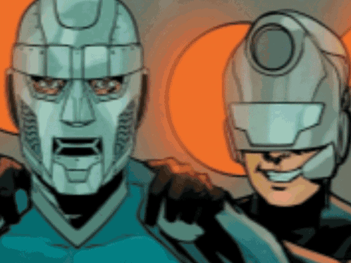 A Cartoon Drawing Of Two Robots Wearing Helmets And Smiling . GIF