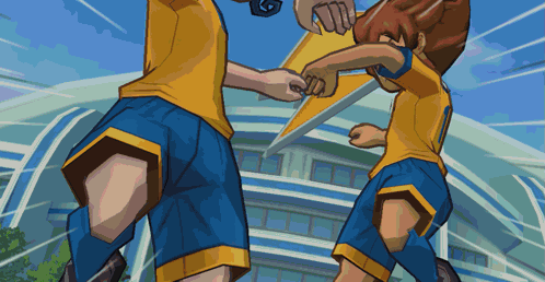 A Cartoon Drawing Of Two Soccer Players In Yellow And Blue Uniforms GIF