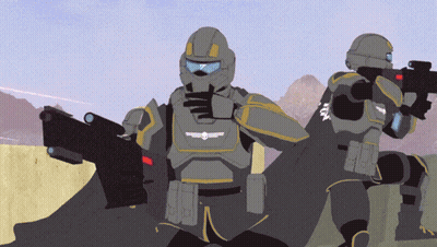A Cartoon Drawing Of Two Soldiers Holding Guns With The Letters Fox On Their Sleeves GIF