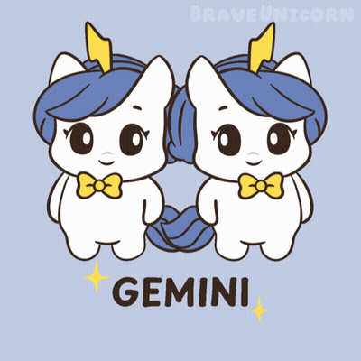 a cartoon drawing of two unicorns with the word gemini on the bottom