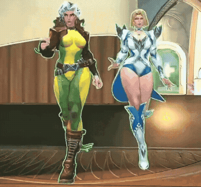 A Cartoon Drawing Of Two Women Standing Next To Each Other In A Room GIF