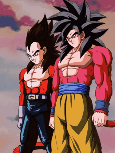 A Cartoon Drawing Of Vegeta And Goku Standing Next To Each Other With A Red Background GIF