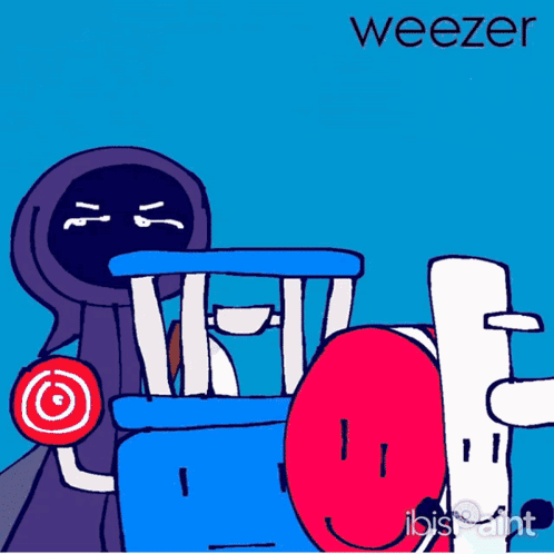 A Cartoon Drawing Of Weezer With A Purple Ghost Holding A Lollipop GIF