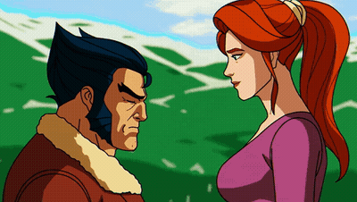 A Cartoon Drawing Of Wolverine And A Woman GIF