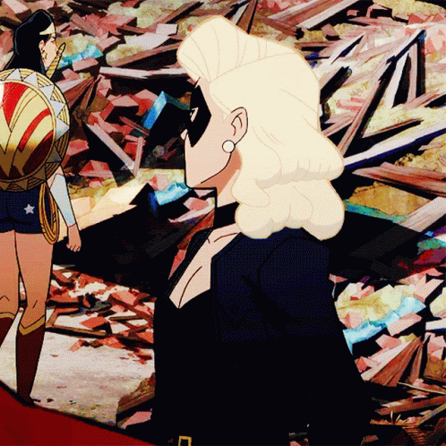 A Cartoon Drawing Of Wonder Woman And Black Canary Standing Next To Each Other GIF