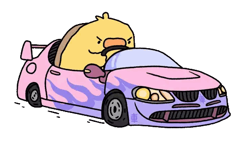 A Cartoon Duck Is Driving A Pink And Purple Car Sticker
