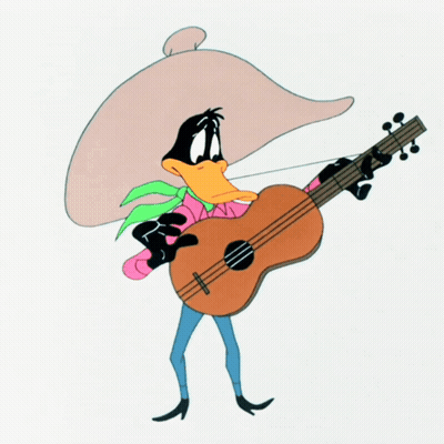 A Cartoon Duck Is Holding A Guitar And A Sword GIF