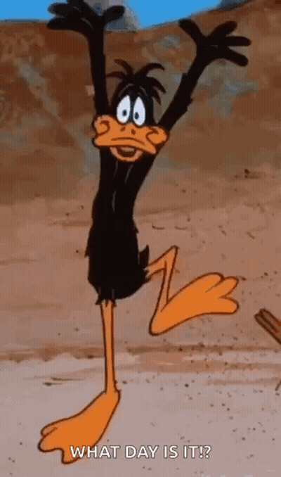 A Cartoon Duck Is Jumping In The Air With His Arms Outstretched And The Words What Day Is It . GIF