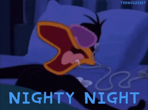 A Cartoon Duck Is Laying In Bed With The Words Nighty Night Below Him GIF