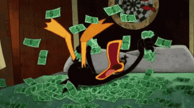 A Cartoon Duck Is Laying On A Bed With A Pile Of Money . GIF