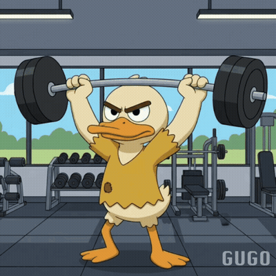A Cartoon Duck Is Lifting A Barbell In A Gym With The Word Gugu On The Bottom GIF