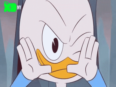 A Cartoon Duck Is Making A Face With His Hands . GIF