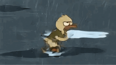 A Cartoon Duck Is Running In The Rain In A Puddle Of Water . GIF