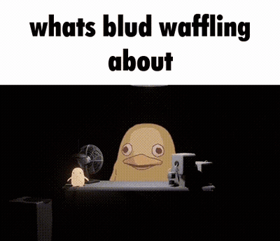 A Cartoon Duck Is Sitting In Front Of A Computer With The Words `` Whats Blud Waffling About '' Written Above It . GIF