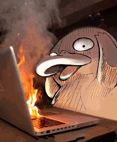 A Cartoon Duck Is Sitting In Front Of A Laptop On Fire GIF