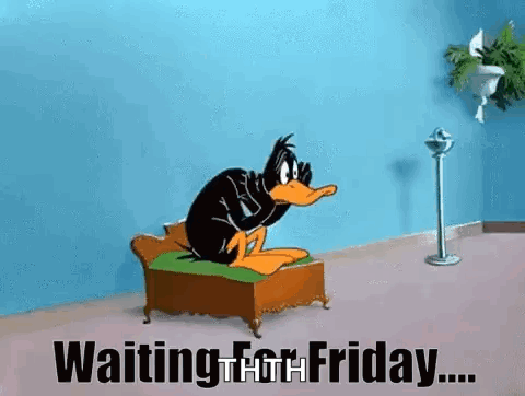 A Cartoon Duck Is Sitting On A Couch In A Room With The Words `` Waiting For Friday '' . GIF