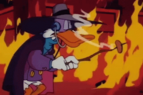 A Cartoon Duck Is Standing In Front Of A Fire Holding A Sausage On A Stick . GIF