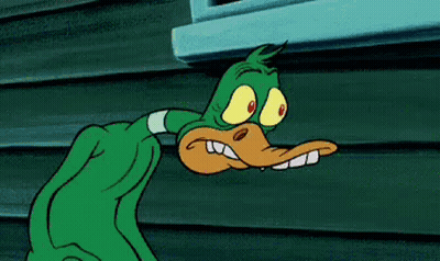 A Cartoon Duck Is Standing Next To A Window With A Surprised Look On His Face . GIF