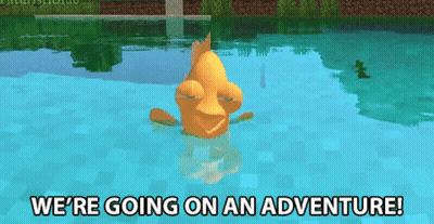 A Cartoon Duck Is Swimming In A Pool With The Words We 'Re Going On An Adventure GIF
