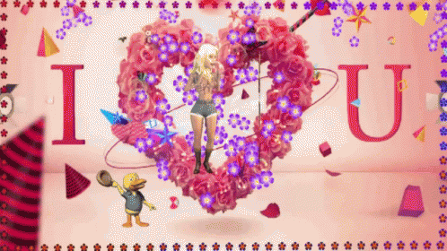 A Cartoon Duck Stands In Front Of A Heart That Says I Love U GIF