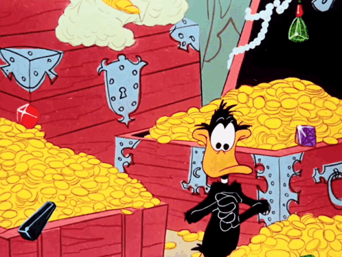 A Cartoon Duck Stands In Front Of A Treasure Chest Filled With Gold Coins GIF