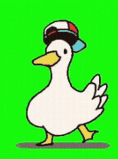 A Cartoon Duck Wearing A Baseball Cap Is Walking On A Green Background . GIF