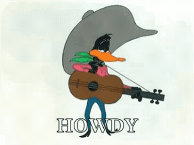 A Cartoon Duck Wearing A Cowboy Hat Is Holding A Guitar And Singing Howdy GIF