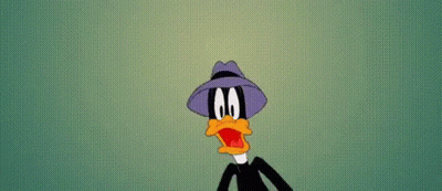 A Cartoon Duck Wearing A Purple Hat And A Black Suit Is Making A Surprised Face . GIF