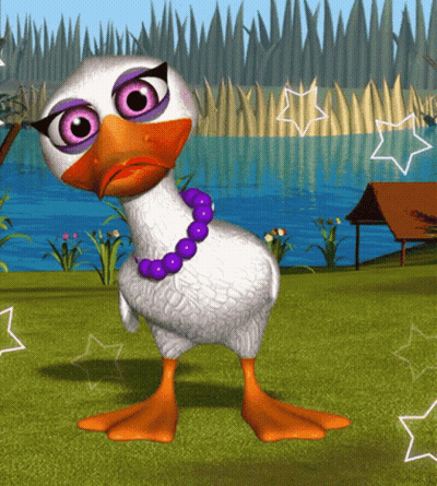 A Cartoon Duck Wearing A Purple Necklace Stands In Front Of A Lake GIF