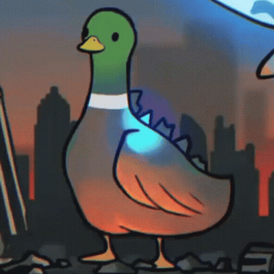 A Cartoon Duck With A Glowing Tail Is Standing In Front Of A City . GIF