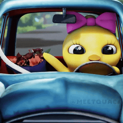 A Cartoon Duck With A Purple Bow On Her Head Is Driving A Blue Car GIF