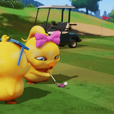 A Cartoon Duck With A Purple Bow On Its Head Is Playing Golf GIF